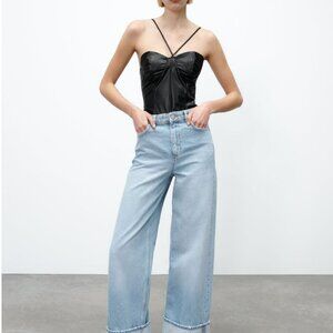 Zara Black Faux Leather Bodysuit with Cross Straps, Size Medium NEW WITH TAG!